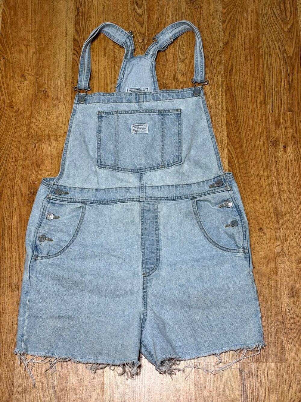 Levi's Overall Shorts Shortalls Womens M Blue Sleeveless Raw Hem